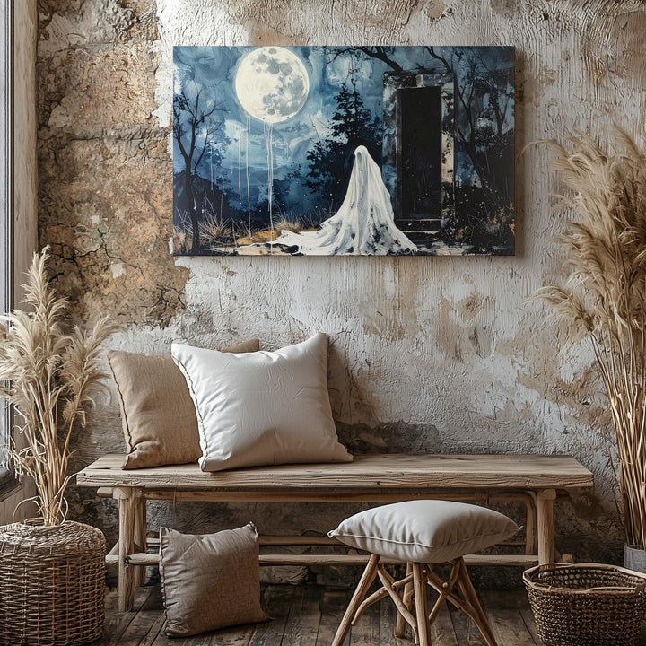 Ghost at the Forest Doorway Canvas – Melancholic Gothic Halloween Art - Gifitto