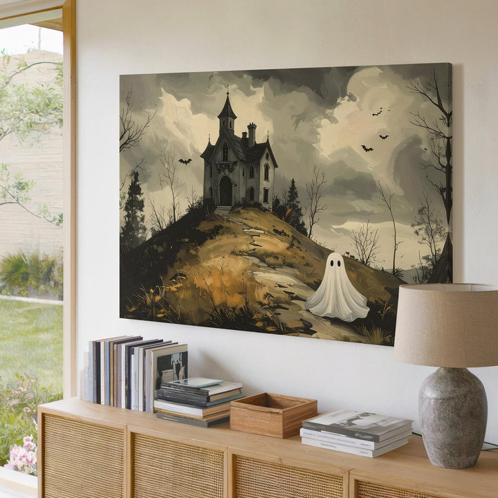 Ghost and Gothic Mansion Canvas – Haunted Hill Sepia Wall Art - Gifitto