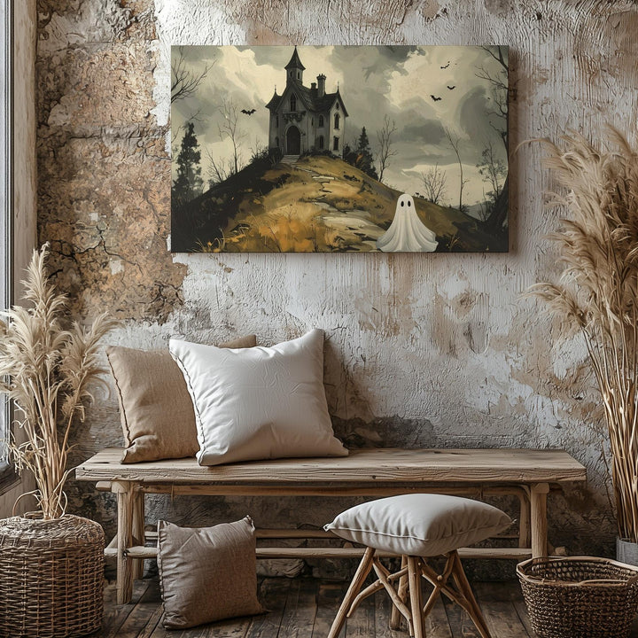 Ghost and Gothic Mansion Canvas – Haunted Hill Sepia Wall Art - Gifitto