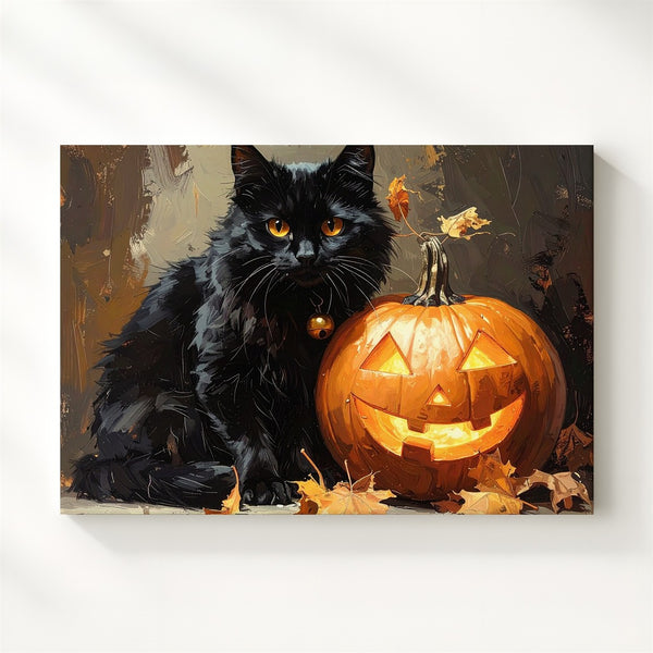 Amber-Eyed Black Cat & Jack-o'-Lantern Canvas – Gothic Halloween Elegance - Gifitto
