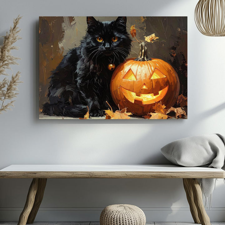 Amber-Eyed Black Cat & Jack-o'-Lantern Canvas – Gothic Halloween Elegance - Gifitto