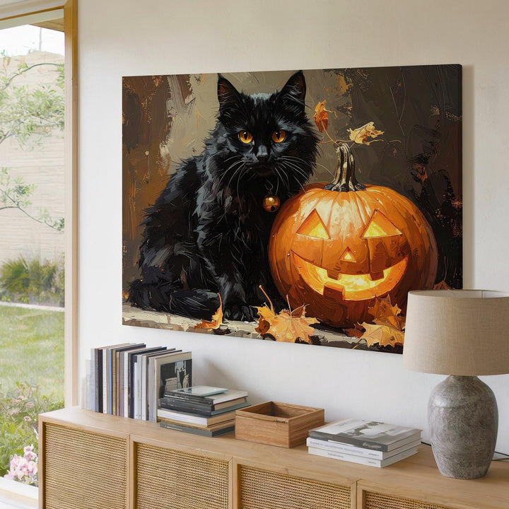 Amber-Eyed Black Cat & Jack-o'-Lantern Canvas – Gothic Halloween Elegance - Gifitto