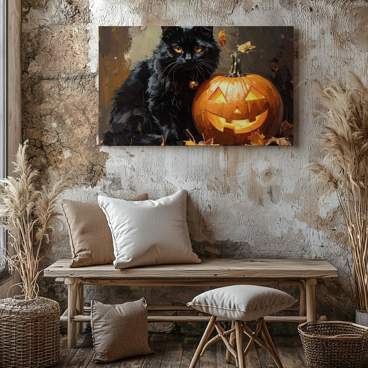 Amber-Eyed Black Cat & Jack-o'-Lantern Canvas – Gothic Halloween Elegance - Gifitto