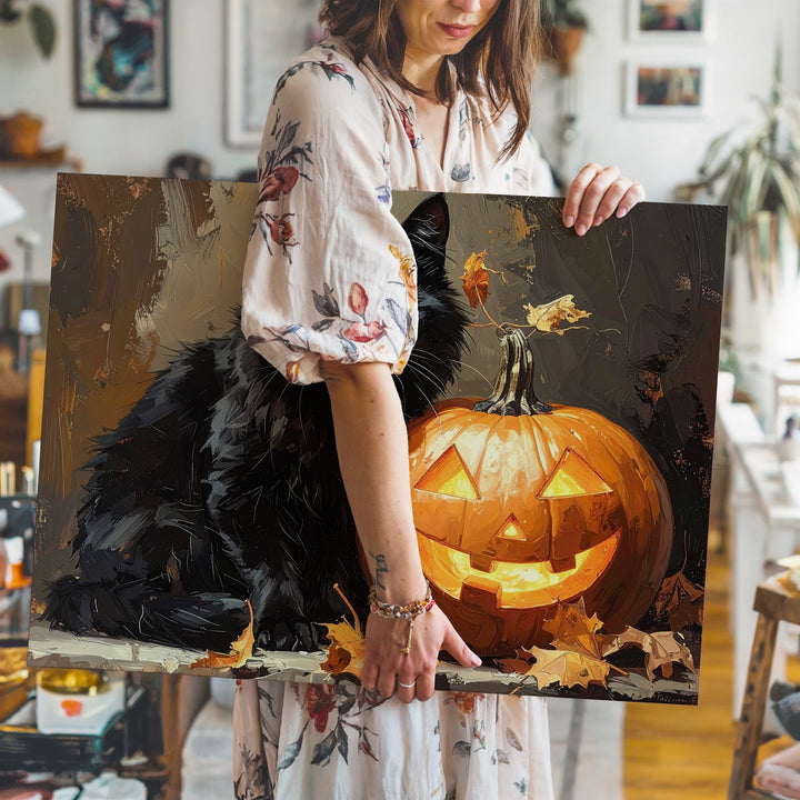 Amber-Eyed Black Cat & Jack-o'-Lantern Canvas – Gothic Halloween Elegance - Gifitto