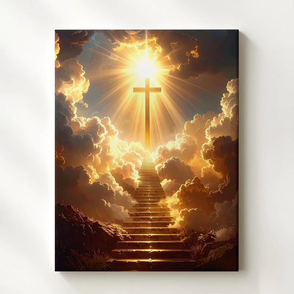 Heavenly Ascension Cross Canvas – Glowing Christian Wall Art of Divine Light and Spiritual Rise - Gifitto