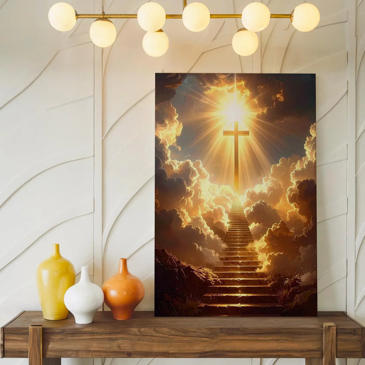 Heavenly Ascension Cross Canvas – Glowing Christian Wall Art of Divine Light and Spiritual Rise - Gifitto