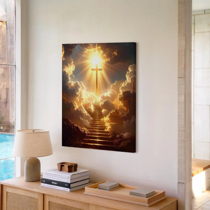 Heavenly Ascension Cross Canvas – Glowing Christian Wall Art of Divine Light and Spiritual Rise - Gifitto