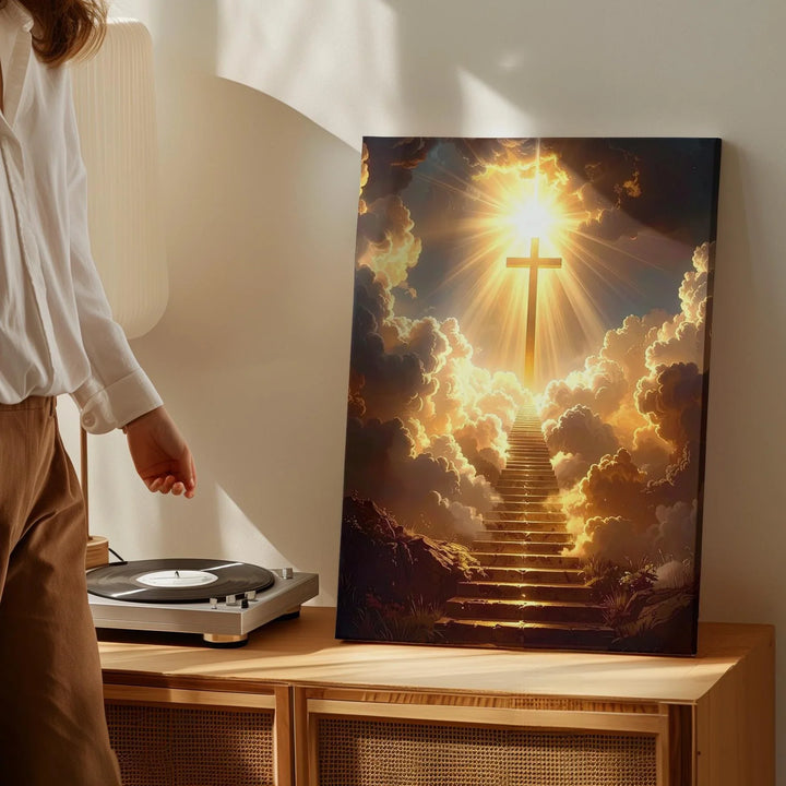 Heavenly Ascension Cross Canvas – Glowing Christian Wall Art of Divine Light and Spiritual Rise - Gifitto