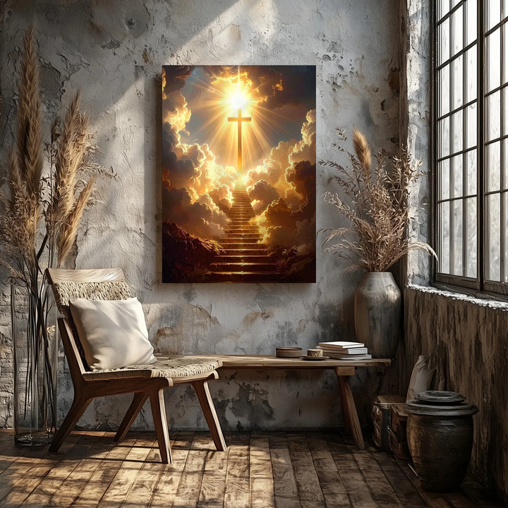 Heavenly Ascension Cross Canvas – Glowing Christian Wall Art of Divine Light and Spiritual Rise - Gifitto