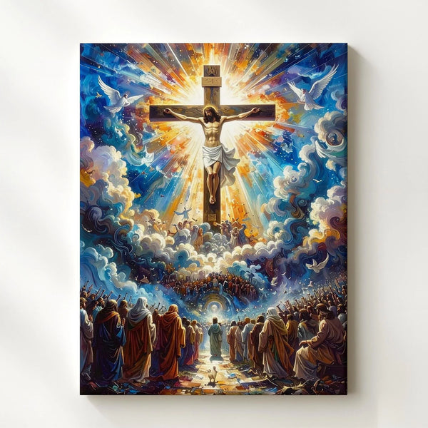 Ascension of Jesus Canvas – Radiant Christian Wall Art with Angels, Cross, and Divine Light - Gifitto