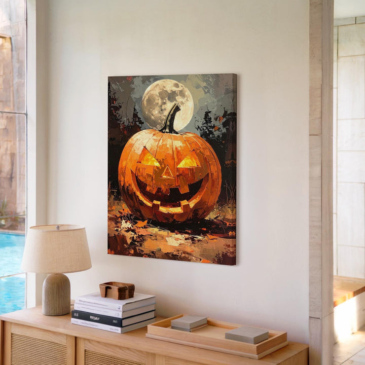 Jack-O’-Lantern in Moonlit Forest Canvas – Dramatic Halloween Night Art - Gifitto