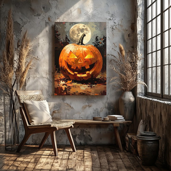 Jack-O’-Lantern in Moonlit Forest Canvas – Dramatic Halloween Night Art - Gifitto