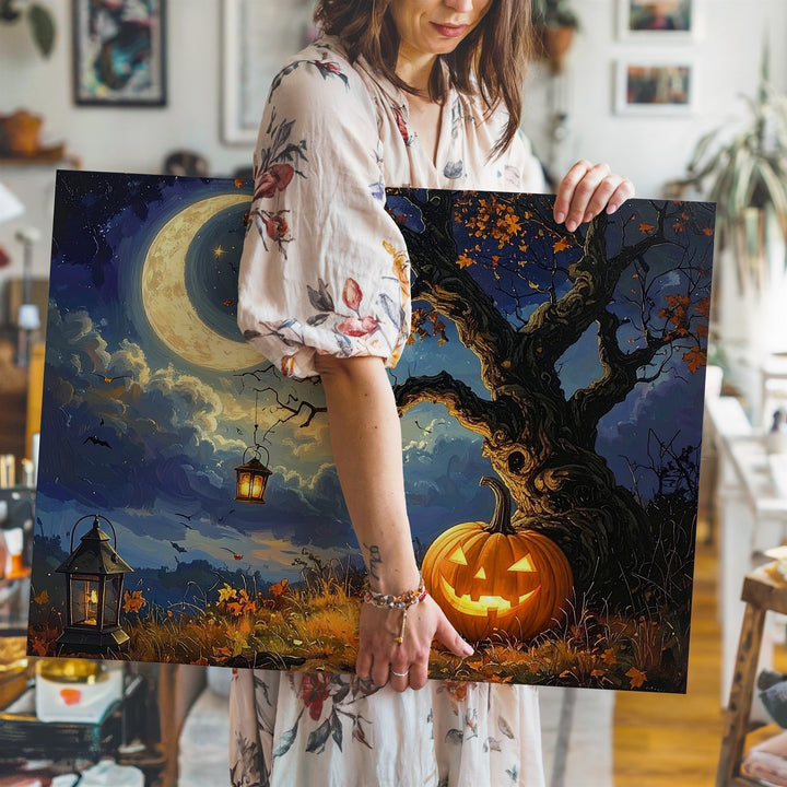 Jack-O’-Lantern & Lantern Tree Canvas – Mystical Fairytale Halloween Art - Gifitto