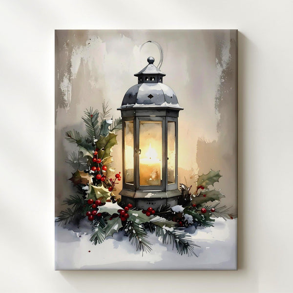 Glowing Lantern Holiday Canvas – Rustic Christmas Wall Art with Pine & Berries - Gifitto