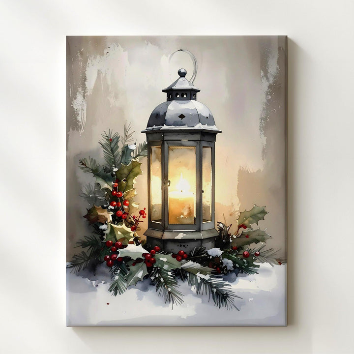 Glowing Lantern Holiday Canvas – Rustic Christmas Wall Art with Pine & Berries - Gifitto