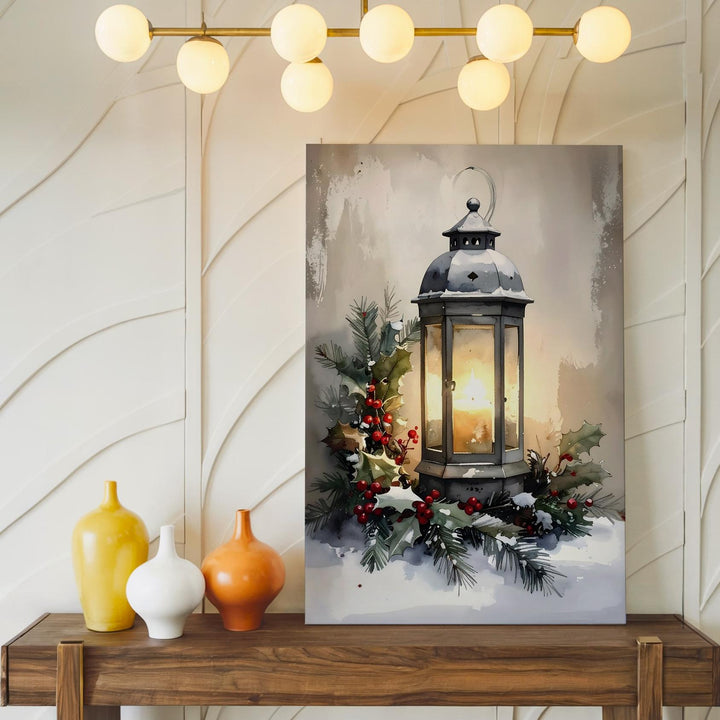 Glowing Lantern Holiday Canvas – Rustic Christmas Wall Art with Pine & Berries - Gifitto