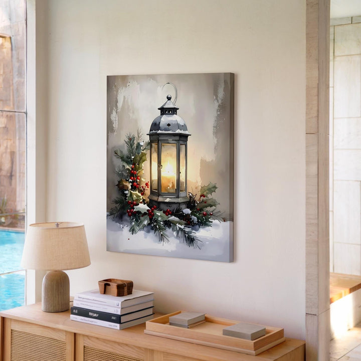 Glowing Lantern Holiday Canvas – Rustic Christmas Wall Art with Pine & Berries - Gifitto