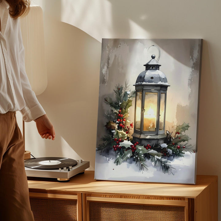 Glowing Lantern Holiday Canvas – Rustic Christmas Wall Art with Pine & Berries - Gifitto