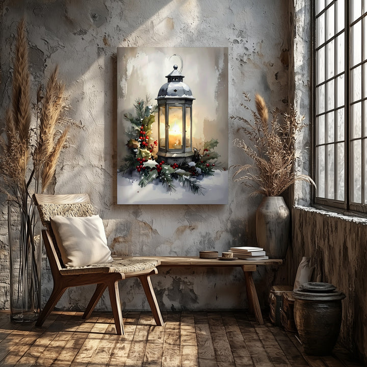 Glowing Lantern Holiday Canvas – Rustic Christmas Wall Art with Pine & Berries - Gifitto