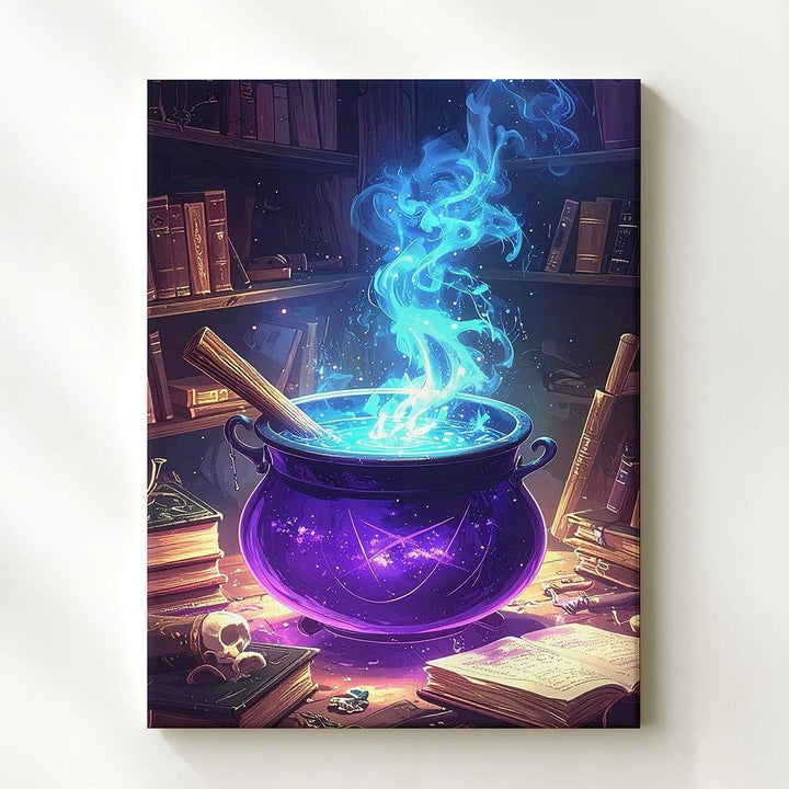 Mystical Purple Cauldron Canvas – Blue Vapor & Potion Tools Fantasy Art - Gifitto