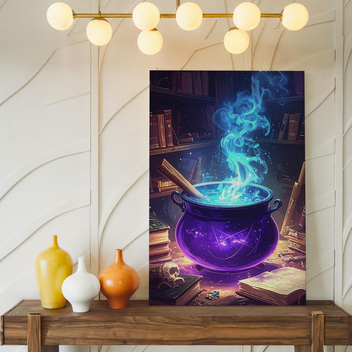 Mystical Purple Cauldron Canvas – Blue Vapor & Potion Tools Fantasy Art - Gifitto