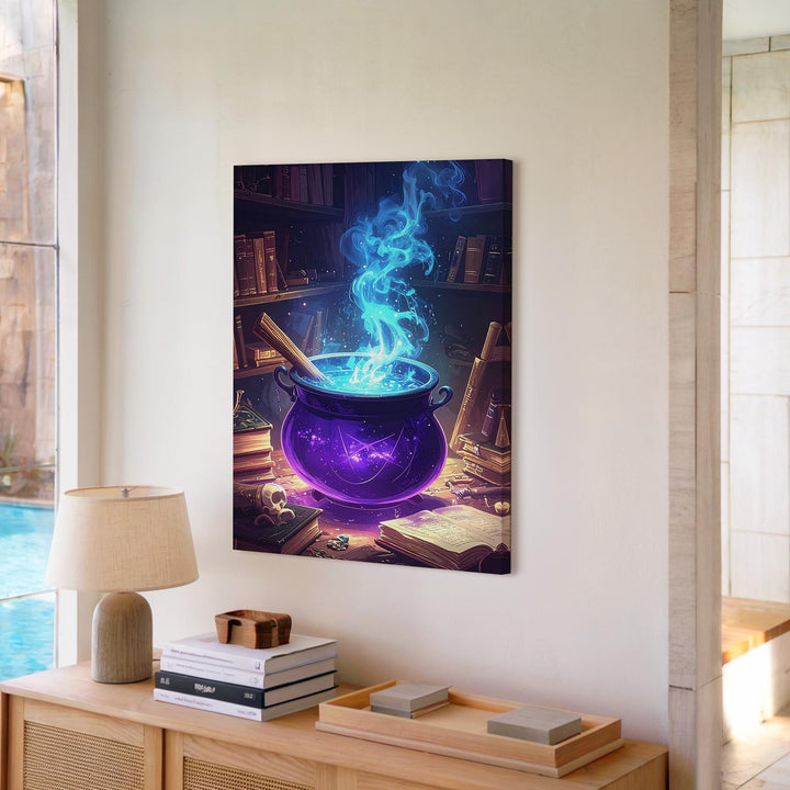 Mystical Purple Cauldron Canvas – Blue Vapor & Potion Tools Fantasy Art - Gifitto