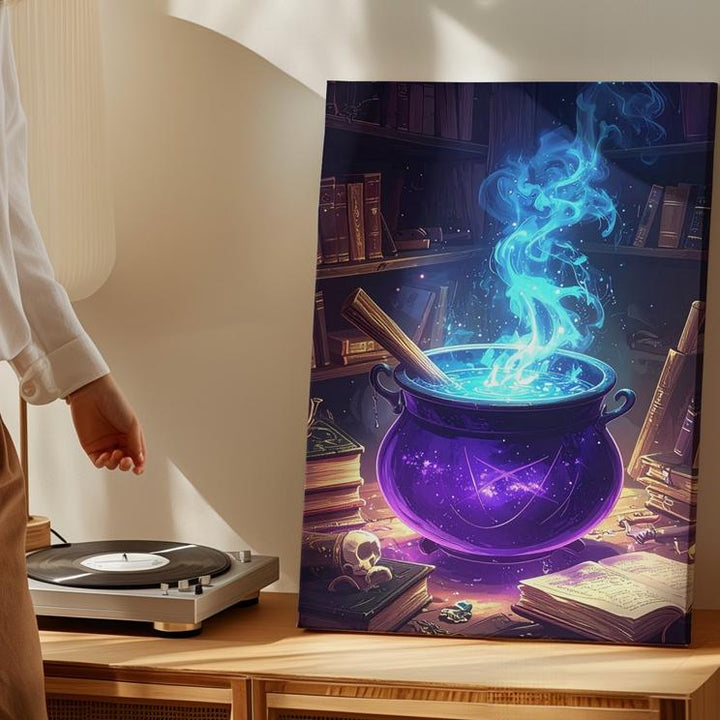 Mystical Purple Cauldron Canvas – Blue Vapor & Potion Tools Fantasy Art - Gifitto