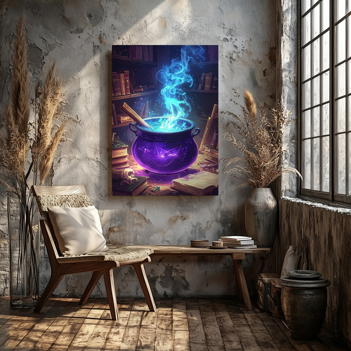 Mystical Purple Cauldron Canvas – Blue Vapor & Potion Tools Fantasy Art - Gifitto