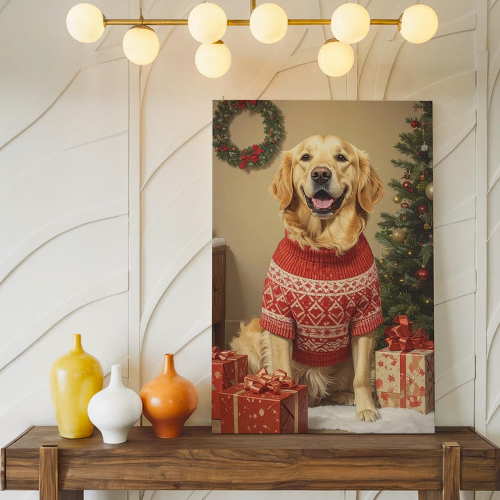 Golden Retriever Christmas Canvas – Cozy Holiday Dog Wall Art with Tree & Gifts - Gifitto