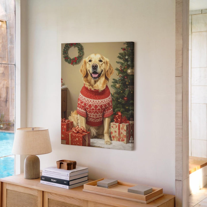 Golden Retriever Christmas Canvas – Cozy Holiday Dog Wall Art with Tree & Gifts - Gifitto