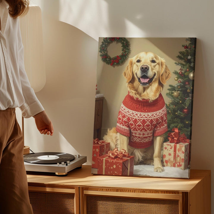 Golden Retriever Christmas Canvas – Cozy Holiday Dog Wall Art with Tree & Gifts - Gifitto