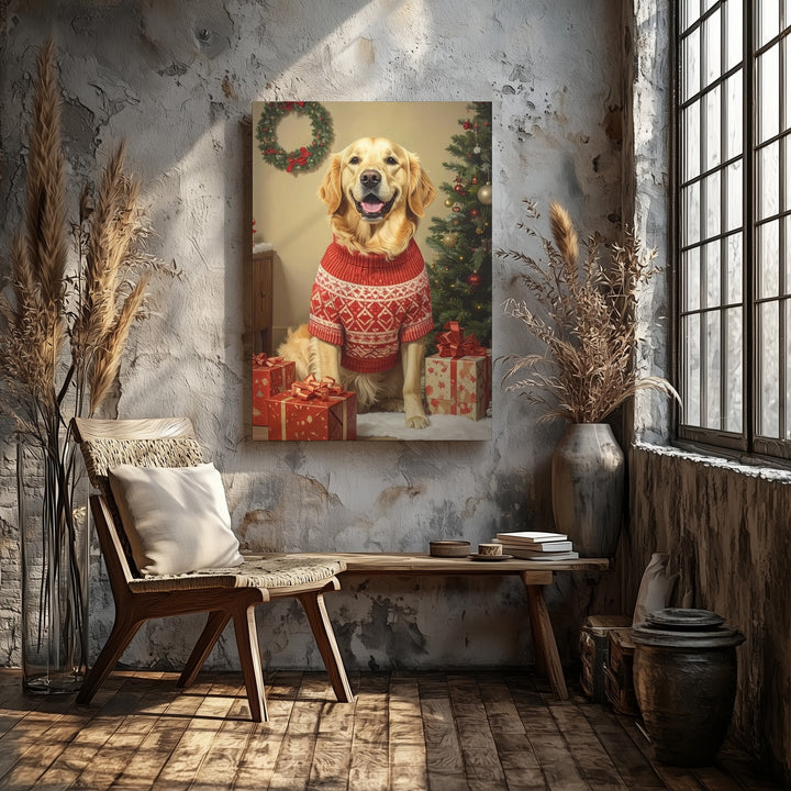 Golden Retriever Christmas Canvas – Cozy Holiday Dog Wall Art with Tree & Gifts - Gifitto