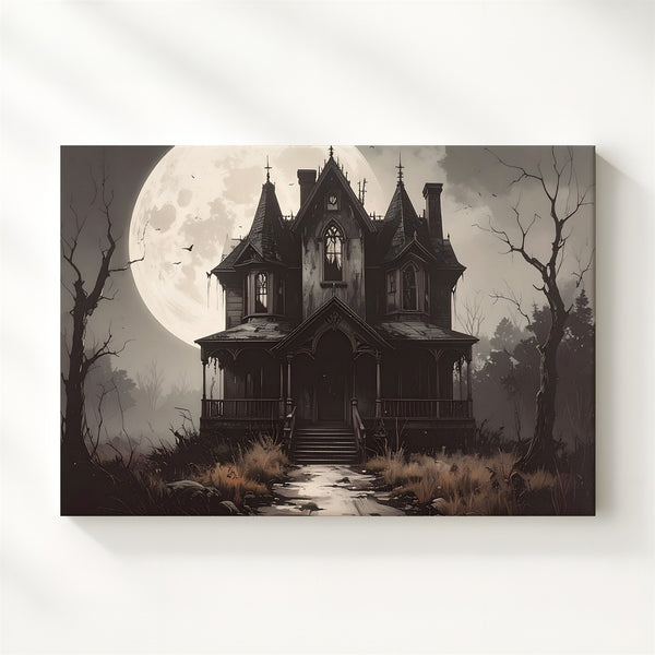 Gothic Haunted House Canvas – Full Moon Halloween Mansion Art - Gifitto