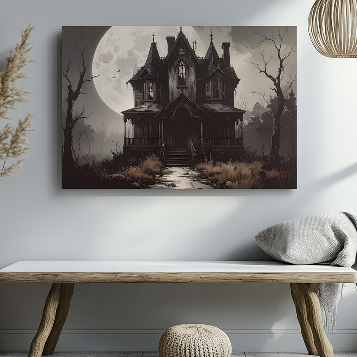 Gothic Haunted House Canvas – Full Moon Halloween Mansion Art - Gifitto