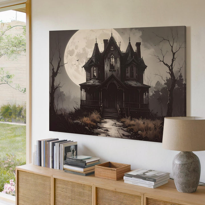 Gothic Haunted House Canvas – Full Moon Halloween Mansion Art - Gifitto