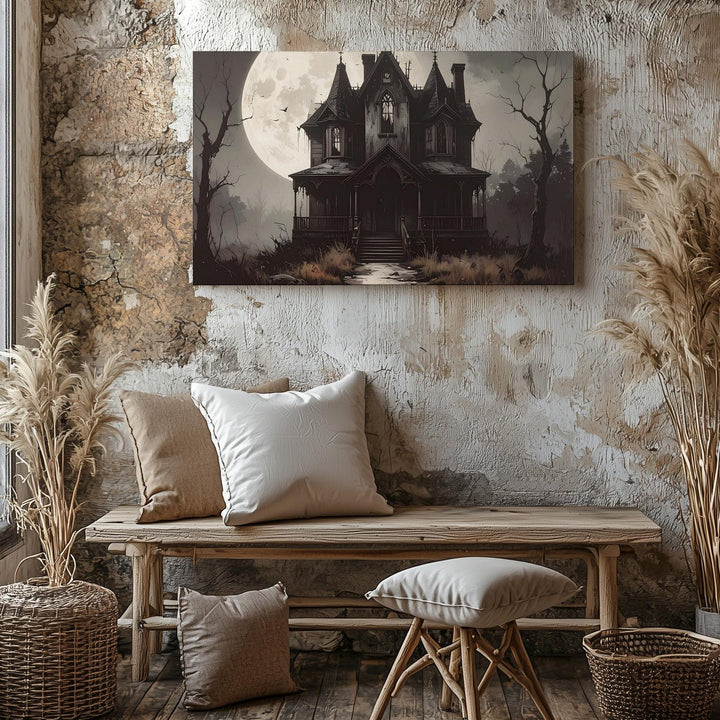 Gothic Haunted House Canvas – Full Moon Halloween Mansion Art - Gifitto
