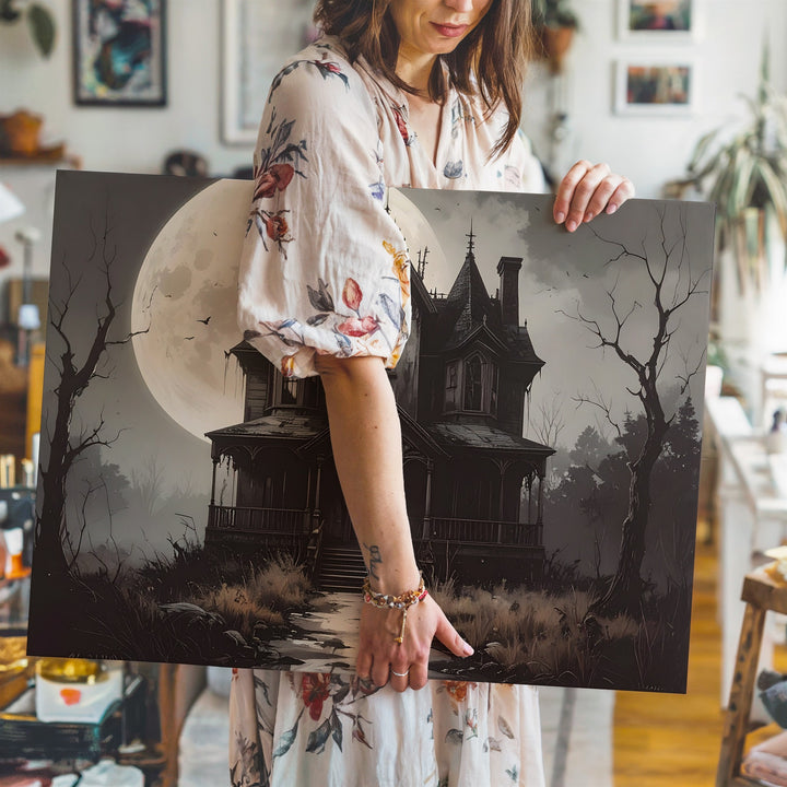 Gothic Haunted House Canvas – Full Moon Halloween Mansion Art - Gifitto