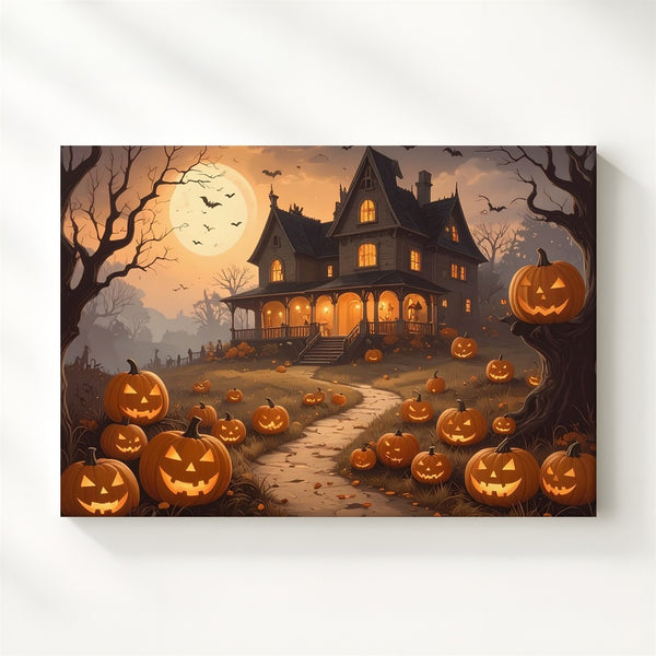Gothic Mansion on Hill Canvas – Haunted Halloween Path with Glowing Pumpkins - Gifitto