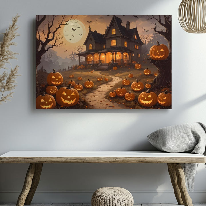Gothic Mansion on Hill Canvas – Haunted Halloween Path with Glowing Pumpkins - Gifitto
