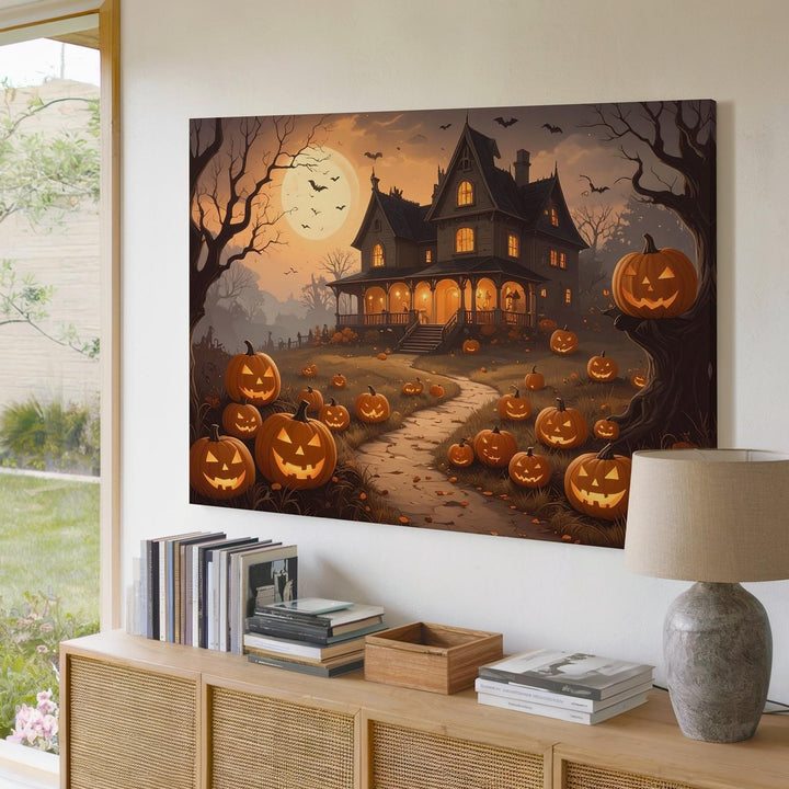 Gothic Mansion on Hill Canvas – Haunted Halloween Path with Glowing Pumpkins - Gifitto