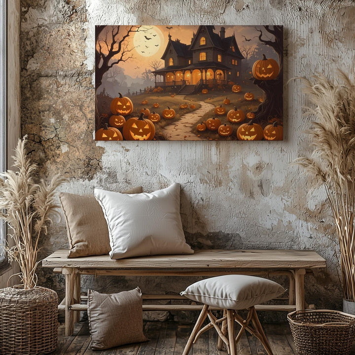 Gothic Mansion on Hill Canvas – Haunted Halloween Path with Glowing Pumpkins - Gifitto