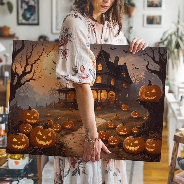 Gothic Mansion on Hill Canvas – Haunted Halloween Path with Glowing Pumpkins - Gifitto