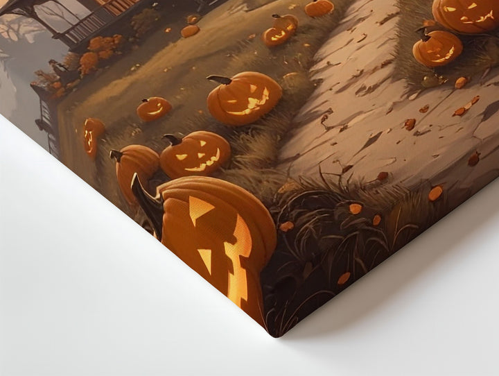 Gothic Mansion on Hill Canvas – Haunted Halloween Path with Glowing Pumpkins - Gifitto
