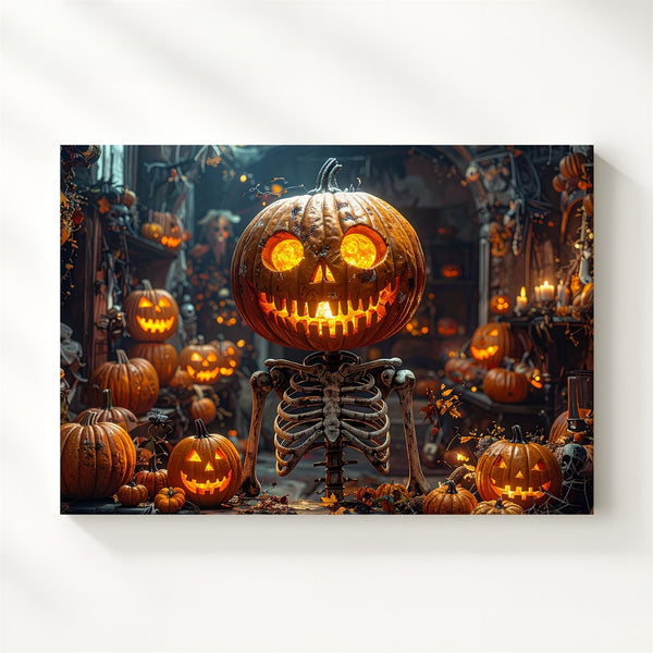 Pumpkin Skeleton Altar Canvas – Gothic Halloween Shrine Wall Art - Gifitto