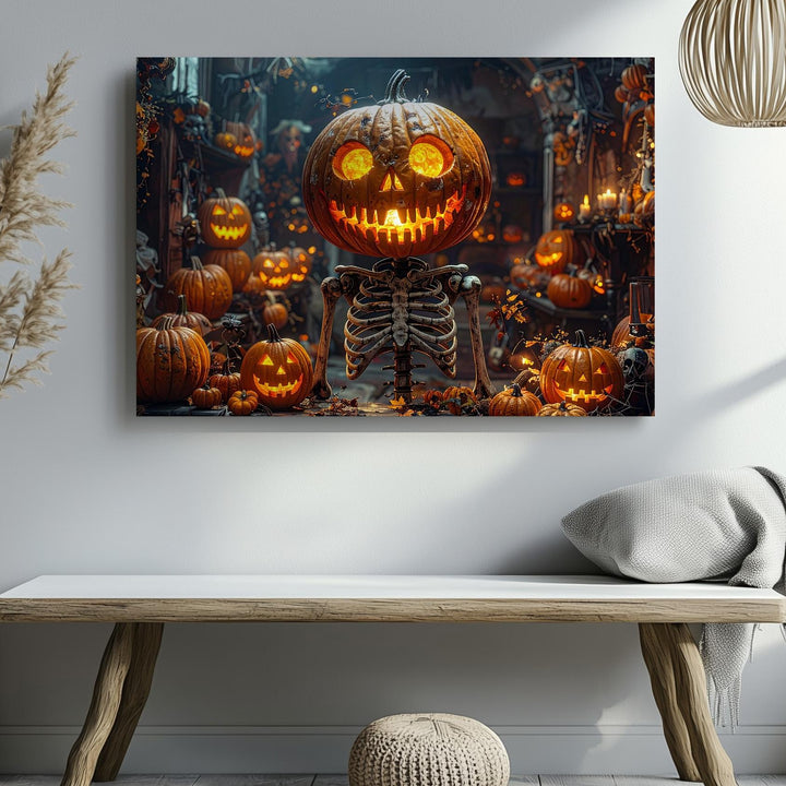 Pumpkin Skeleton Altar Canvas – Gothic Halloween Shrine Wall Art - Gifitto
