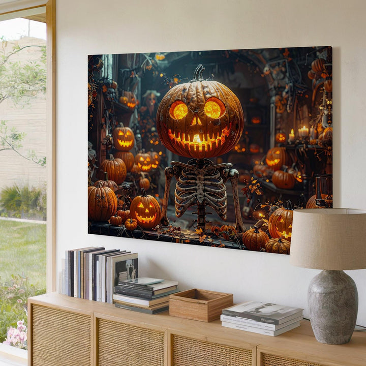 Pumpkin Skeleton Altar Canvas – Gothic Halloween Shrine Wall Art - Gifitto