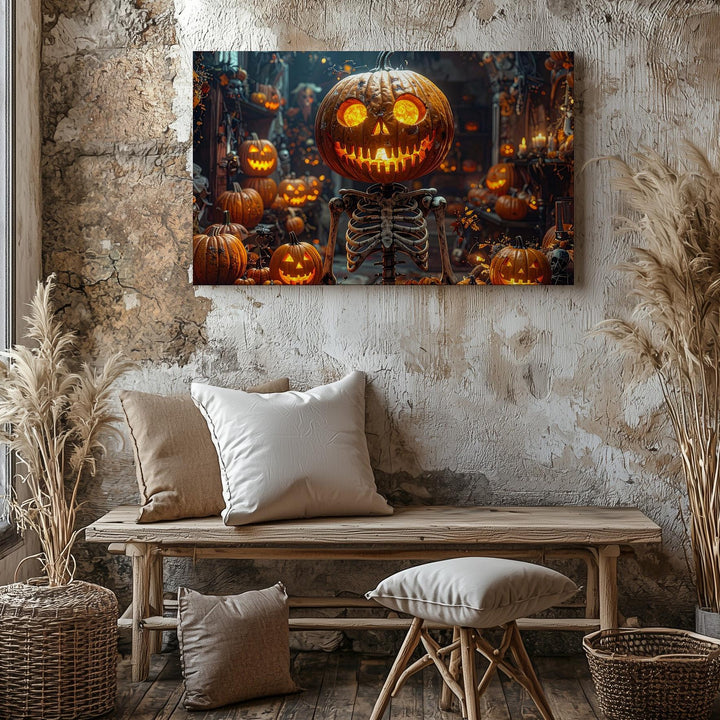 Pumpkin Skeleton Altar Canvas – Gothic Halloween Shrine Wall Art - Gifitto