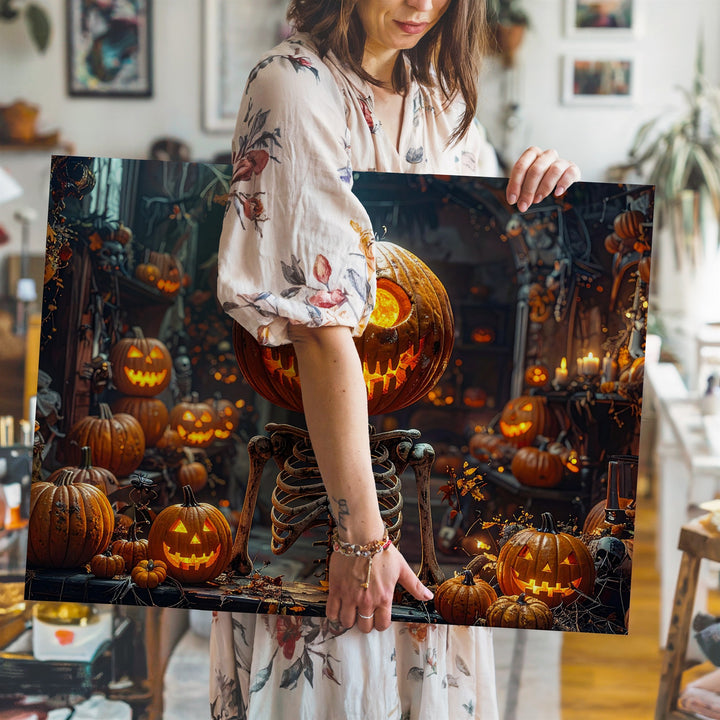 Pumpkin Skeleton Altar Canvas – Gothic Halloween Shrine Wall Art - Gifitto