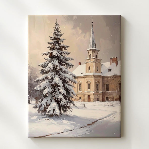 Vintage Winter Spire Canvas – Snowy Old-World Holiday Wall Art - Gifitto
