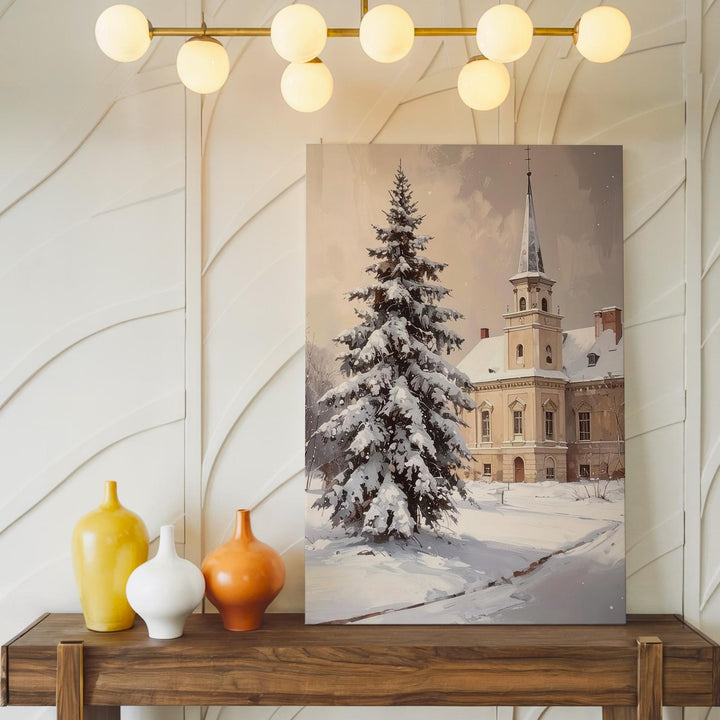 Vintage Winter Spire Canvas – Snowy Old-World Holiday Wall Art - Gifitto